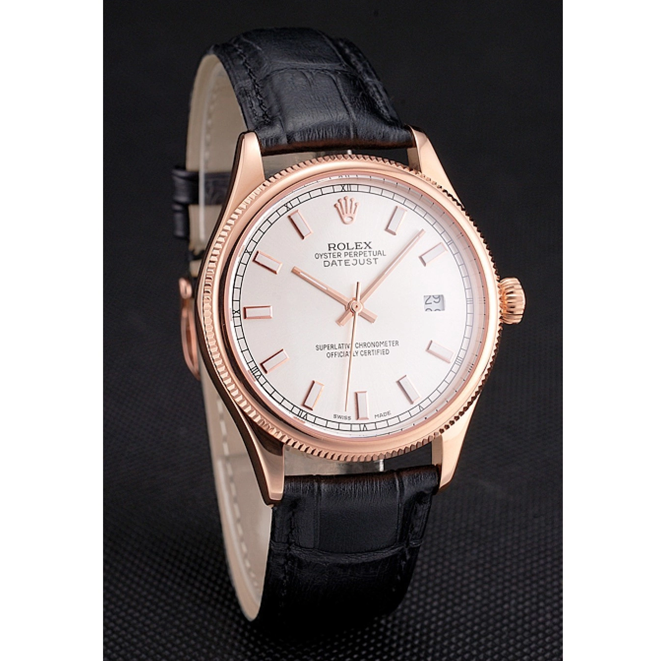 Aaa fake watches Black Datejust Gold Strap Swiss Rose Dial Leather Rolex Case White 0728